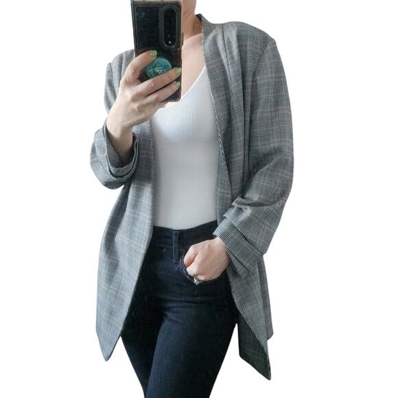 Babaton Aritzia Power Blazer 3/4 Plaid Grey Open Jacket Sz 6 Office‎ Preppy - Picture 1 of 9